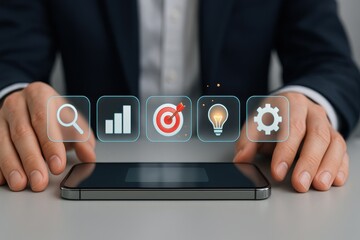 Businessman using smartphone with floating digital interface icons for search, growth, goals, and ideas
