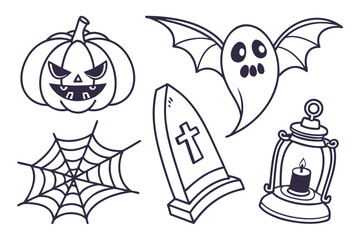Black silhouette cartoon doodle vector art set of Halloween icons and elements