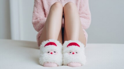 Cozy pink-clad legs with whimsical Santa slippers evoke Christmas morning warmth and hygge holiday serenity, youthful cheer abounding