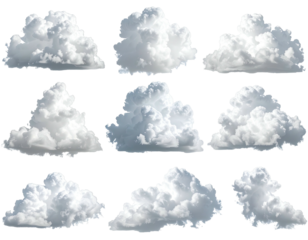 Collection of diverse cumulus clouds, various shapes and shades of gray