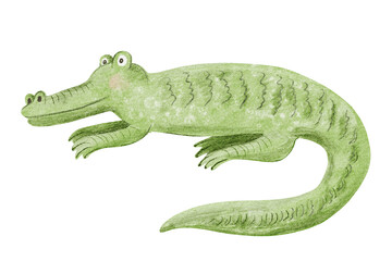 Simple crocodile watercolor illustration isolated on white. Child drawing of African savannah animal for nursery designs. Hand drawn alligator children sketch clip art for safari decor