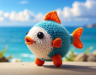 Crochet fish toy on beach