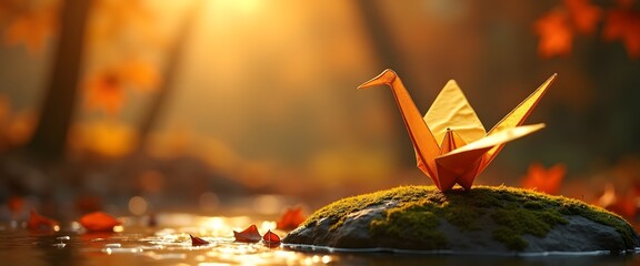An orange origami paper crane rests on a mosscovered rock in shallow water, surrounded by fallen autumn leaves under warm sunlight