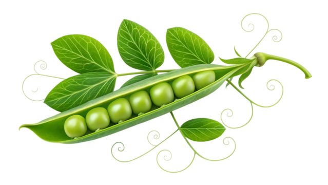 Open pea pod with vibrant green peas and leaves, isolated on transparent background, showcasing the natural beauty of this legume