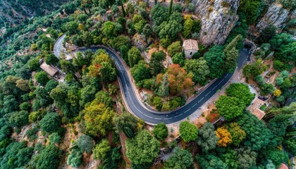 Winding road through lush mountainside landscape
