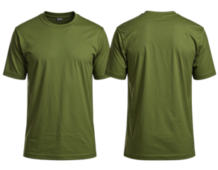 Front and back view of a plain, olive green t-shirt