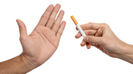 A hand making a stop gesture to a hand offering a cigarette isolated on a white background
