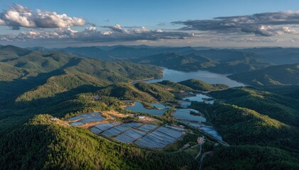 High-angle view of a valley with numerous agricultural plots, a lake, and mountains