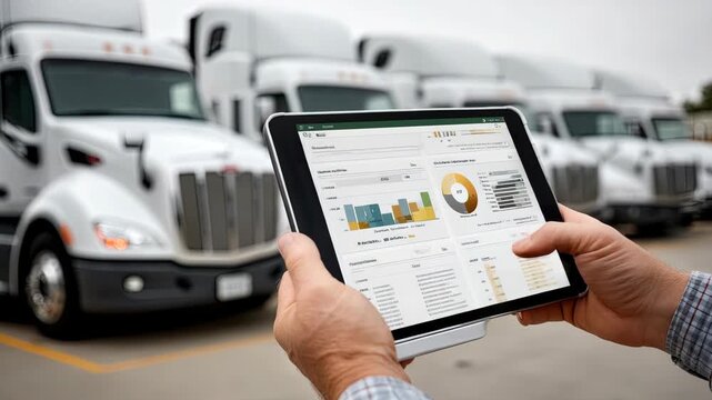 Hands are using a tablet to analyze data and track fleet performance amid a line of trucks in a yard setting