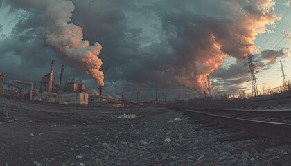 Industrial landscape at sunset. Smoky factory complex under dramatic sky