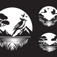 black and white silhouette outline natural view with bird logo design set.
