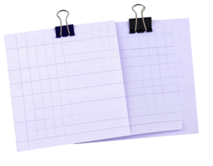 Open notepad with grid paper, held by binder clips