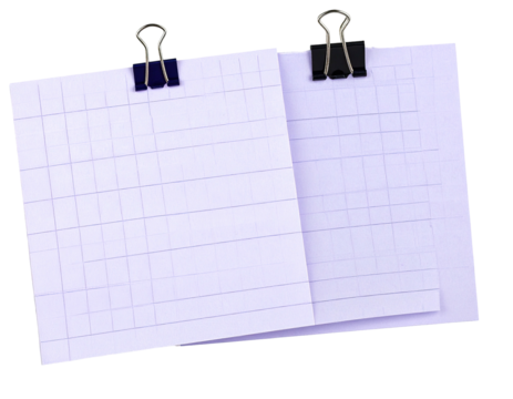 Open notepad with grid paper, held by binder clips