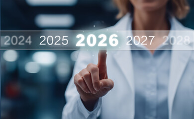 Businesswoman Touching Future Year 2026 on Virtual Screen
