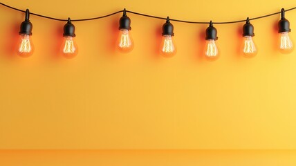 Hanging glowing light bulbs, stringing across bright yellow background, generating setting mood for cozy celebratory