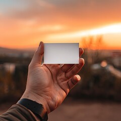 Hand holds blank business card at sunset