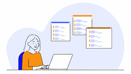 at woman smiling space computer for business employee in latin female coder student copy programmer sitting at laptop studying dreaming desk modern young at using working looking work offic 21790775 2