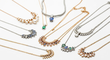 Elegant necklaces with gemstones and pearls isolated on white background, showcasing a variety of styles and designs for fashion and jewelry enthusiasts