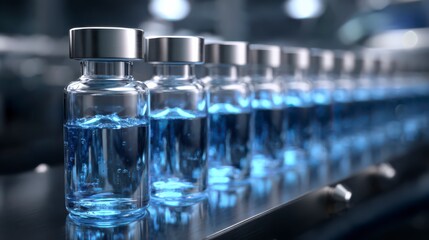 Scientific Precision: A line of vials filled with blue liquid, symbolizing scientific progress. It's a snapshot of advanced pharmaceutical and biotechnology research.
