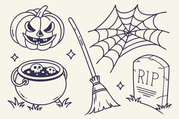 Vector cartoon set of Halloween icons and silhouettes