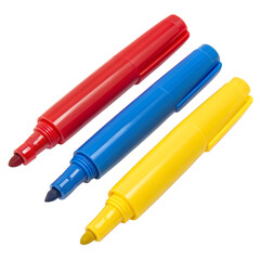 Three vibrant markers Red, blue, and yellow, ideal for creative projects, drawing, and highlighting text with a bright color palette