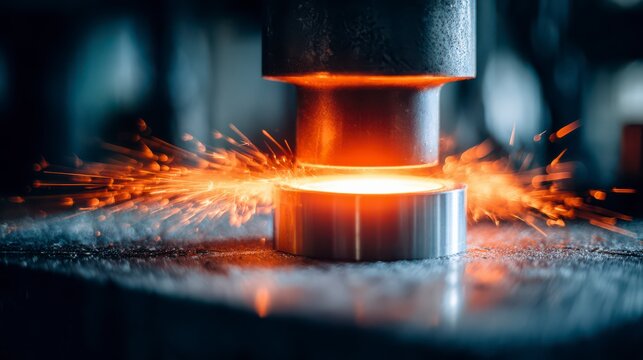 Captivating close-up of a metal piece undergoing a transformative industrial process, where sparks erupt as it's precisely shaped. Showcasing the raw power of industry.