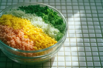 Vibrant culinary mosaic featuring an artistic arrangement of colorful grains and green leafy textures beautifully illuminated by soft natural light creating a captivating food design composition