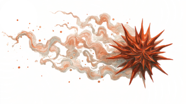 Spiky meteor with glowing embers and fiery flames