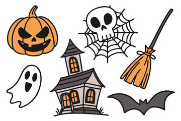 Fototapeta premium The vector illustration set features cartoon Halloween icons like a spooky pumpkin, bat, ghost, witch's hat, black cat, and skull