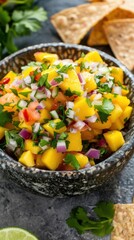 A bright and vibrant mango and chili salsa bursts with flavor in a rustic stone bowl, paired beautifully with golden tortilla chips. Cilantro and lime complete this sweet and spicy treat