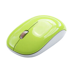 Shiny lime-green wireless computer mouse, subtly curved, with a single button and white underside