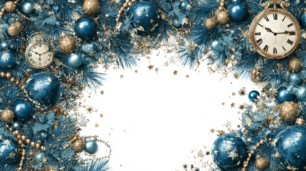 Christmas frame with teal pine branches and ornaments