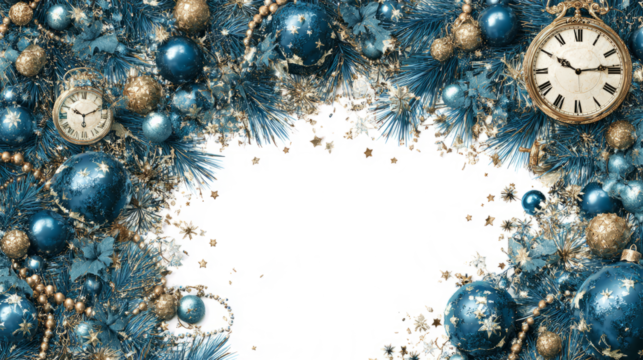 Christmas frame with teal pine branches and ornaments