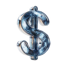A 3D rendered dollar sign, metallic silver with icy blue interior, appearing cold and valuable
