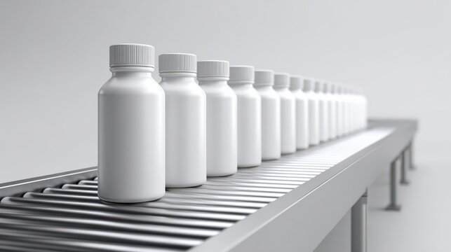 Production Line Precision: A row of identical bottles moves along an industrial conveyor belt, showcasing the efficiency of mass production and the concept of consistent manufacturing.