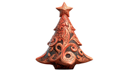 ceramic cone tree matte terracotta with carved motifs and clay star topper, minimal rustic styling, white background