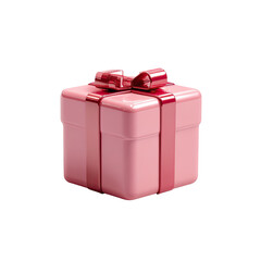 A pink, square gift box with a glossy finish and a large, dark-pink ribbon bow on top