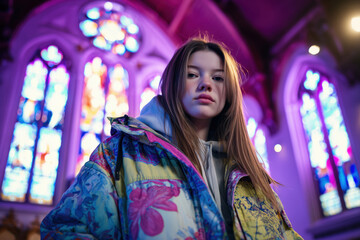 Young woman teenager wearing trendy clothes posing inside a church with neon lights