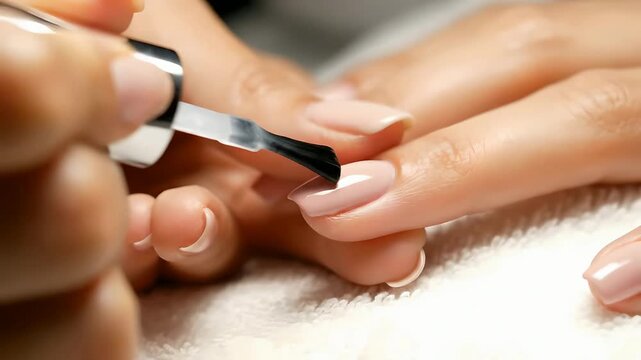 Applying Top Coat to Nude Pink Fingernails during Manicure