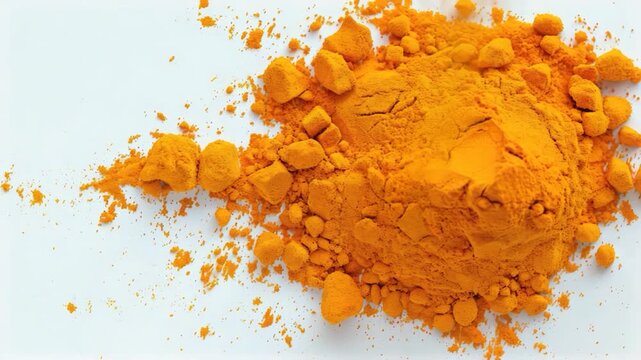 A close-up view of a pile of tumeric powder on a white surface
