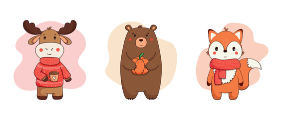 Forest animals, moose, bear, fox. Autumn characters in warm clothes. Cute animals in flat style, doodle clipart
