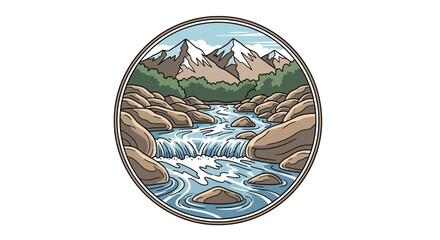 Illustrative circular badge depicting majestic mountains, a flowing river with rapids, and evergreen forests, evoking the spirit of nature and outdoor exploration