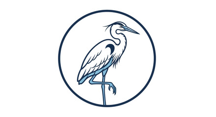 Elegant and minimalist blue heron bird illustration, gracefully standing on one leg within a sleek circular frame, perfect for clean branding and serene nature-inspired graphic design projects