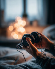 Cozy bedroom soft bokeh warm light winter evening hands holding headphones relaxed mood home interior shallow depth of field