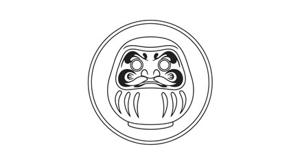 Minimalist black and white line illustration of a traditional Japanese Daruma doll, a powerful cultural symbol representing good luck, perseverance, and goal attainment