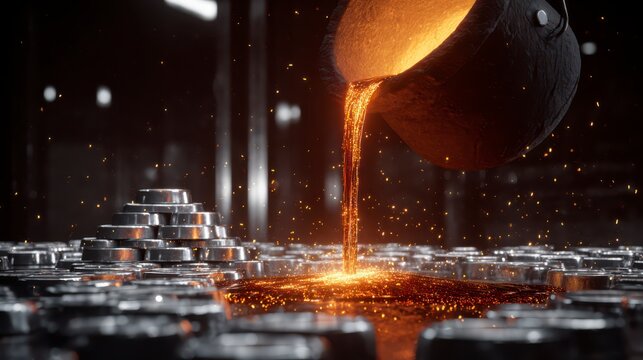 Molten Metal Pouring: A dramatic display of industrial artistry, featuring a crucible pouring molten metal onto a structured grid, creating a vision of manufacturing prowess. 