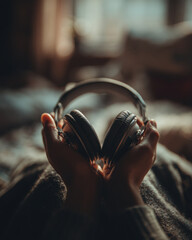 Cozy headphone warm light soft focus hand audio music indoors evening calm. Cozy headphone warm light, soft focus, hand holding audio gear indoors