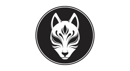 Elegant monochrome fox mask illustration embodying ancient Japanese folklore and mystical traditions, a symbolic design concept