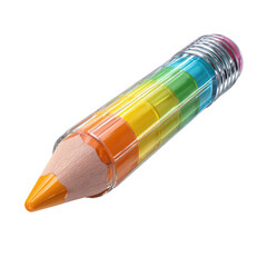 A large, colorful pencil with a transparent casing revealing layered rainbow-colored segments and a pointed tip.  An eraser is visible at the top