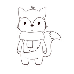 Children's coloring page of a fox in a scarf. Cute kawaii character